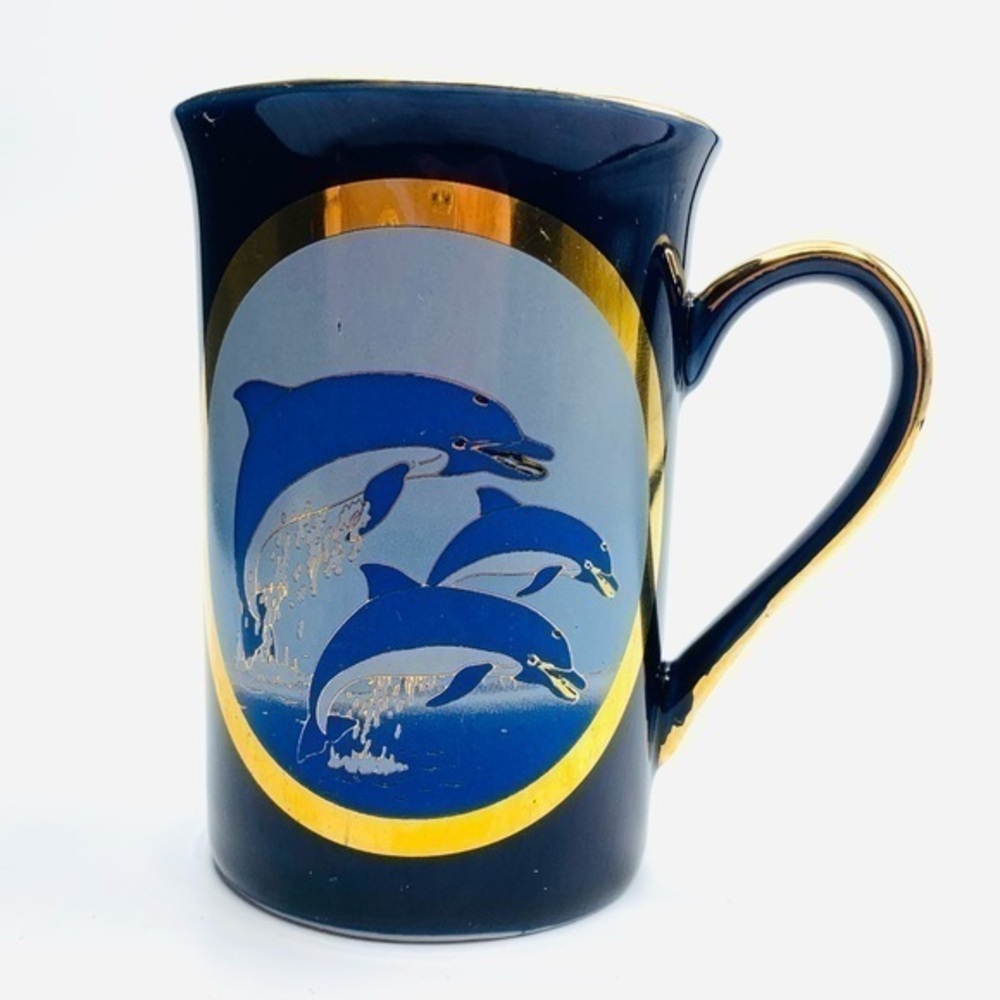 Vintage Chokin Metal Art Dolphins Ceramic Mug 24kt Gold Rim by Dynasty Gallery